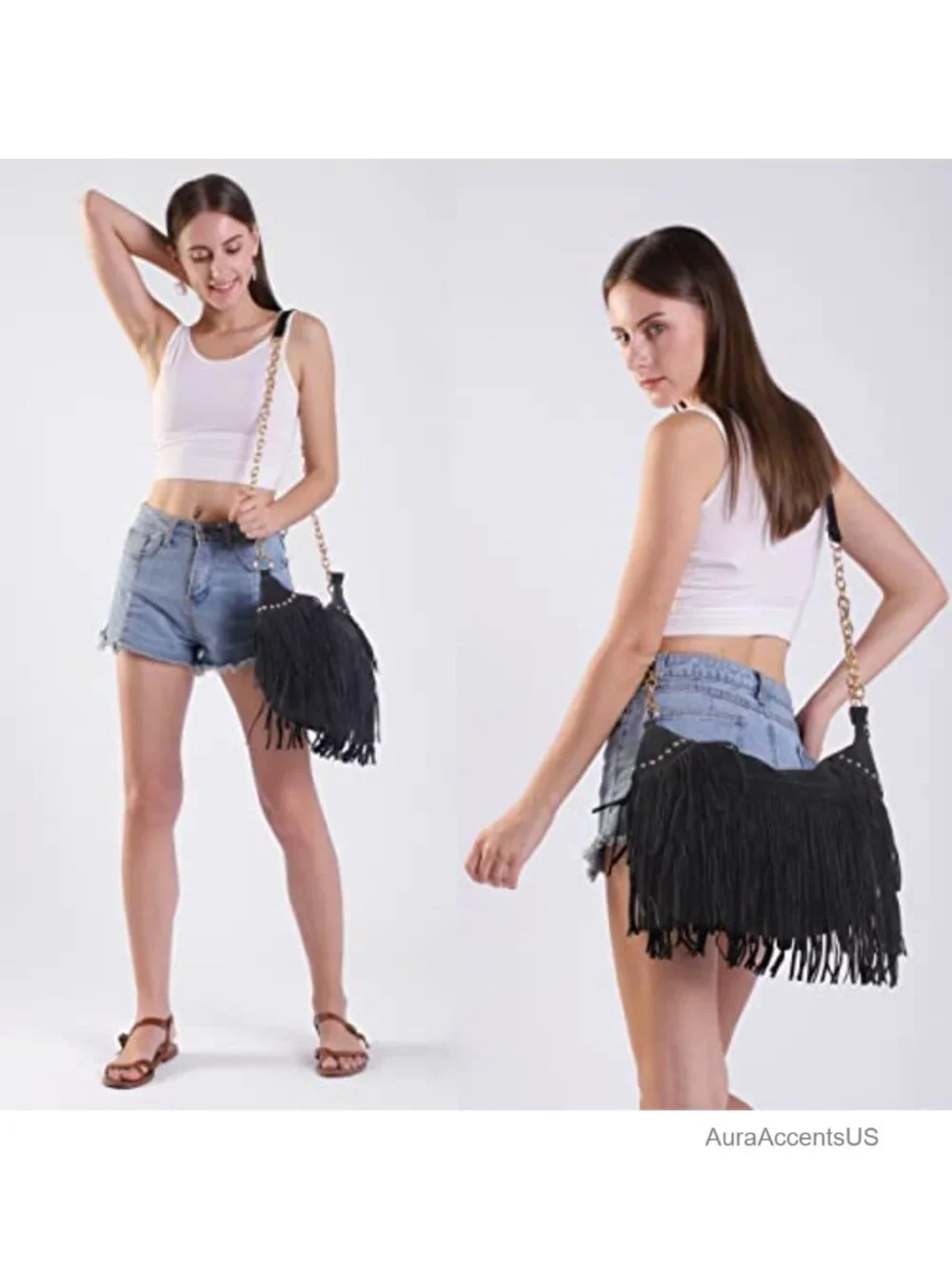 Studded Tassel Faux Suede Leather Hobo Cross Body Chain Shoulder Bag Women's